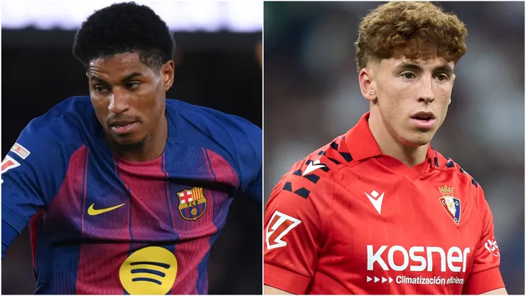 Marcus Rashford of FC Barcelona and Victor Muñoz of CA Osasuna.