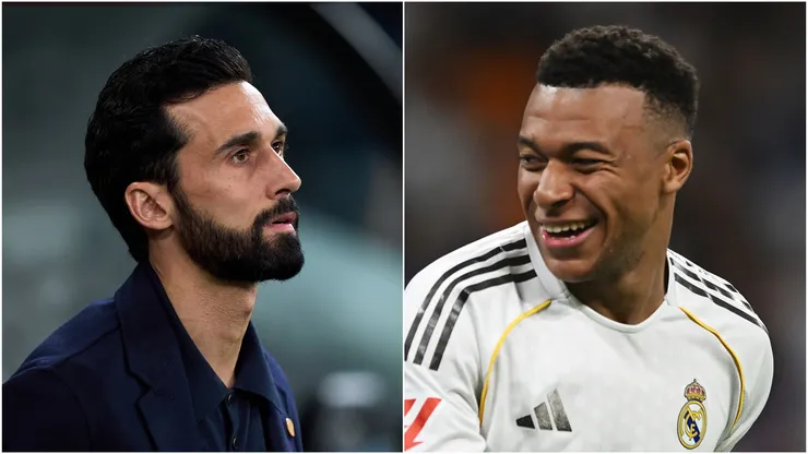 Real Madrid coach Alvaro Arbeloa and Kilian Mbappe.