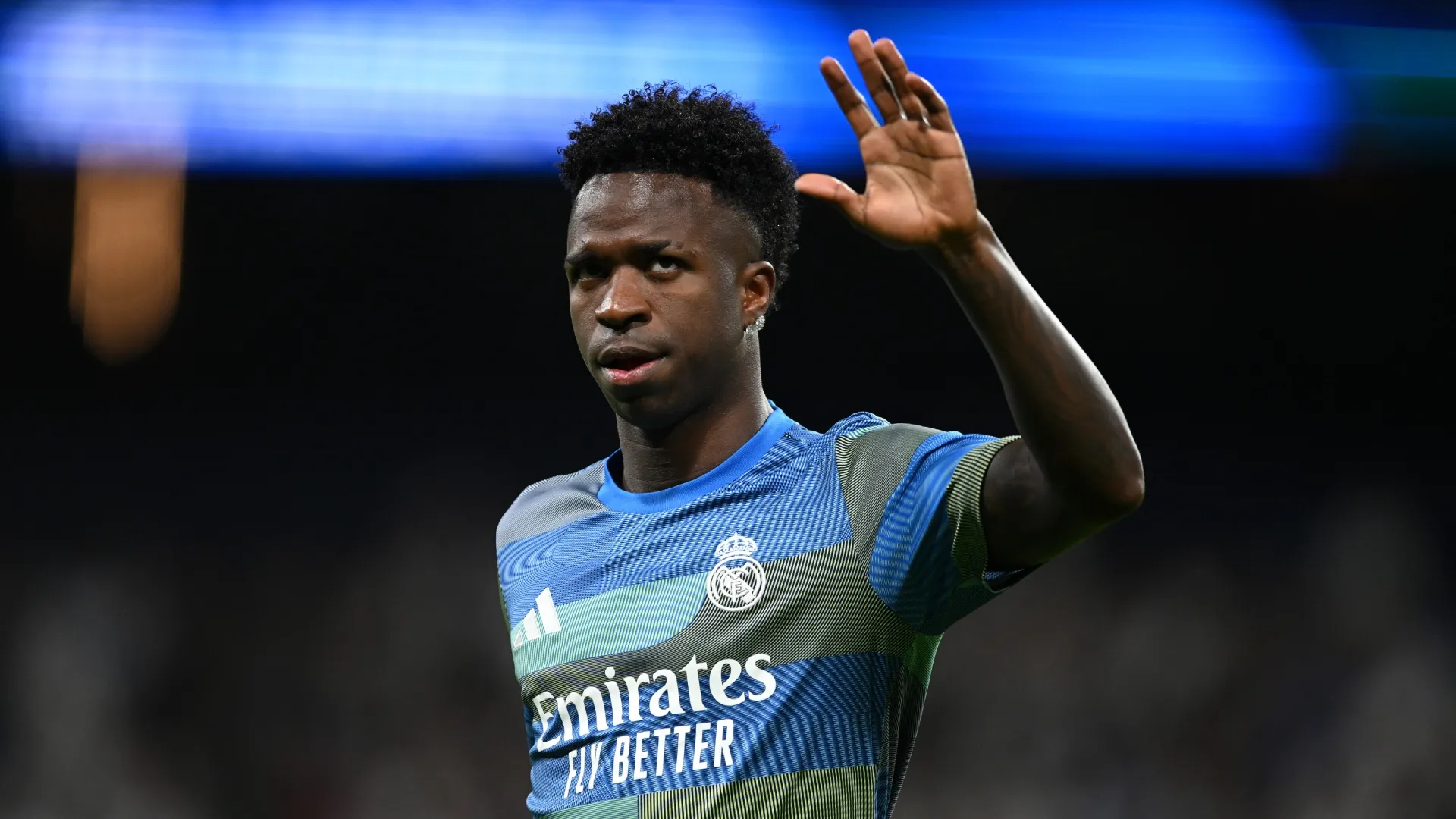 Vinicius Junior of Real Madrid gestures to fans.