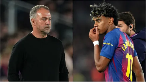 Barcelona coach Hansi Flick and winger Lamine Yamal.