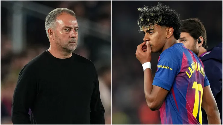 Barcelona coach Hansi Flick and winger Lamine Yamal.