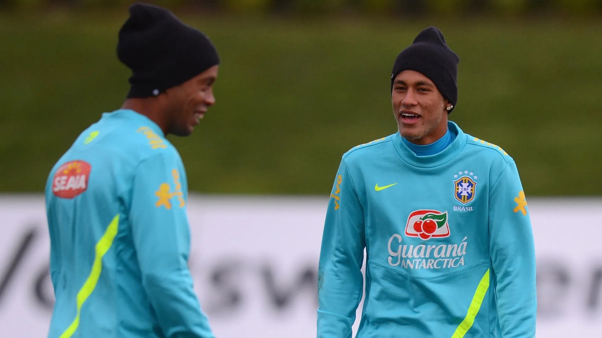 Neymar and Ronaldinho in action during a Brazil training session on February 5, 2013 in London.