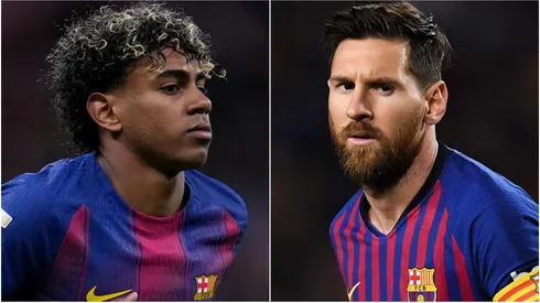 Barcelona's Lamine Yamal and Lionel Messi.