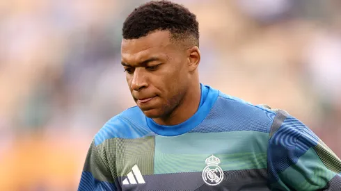 Kylian Mbappe of Real Madrid warms up prior to the LaLiga EA Sports match.