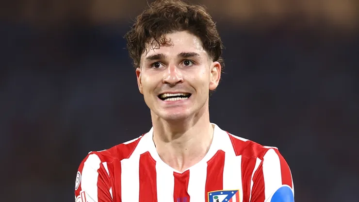 Julian Alvarez of Atletico de Madrid celebrates after scoring a goal.