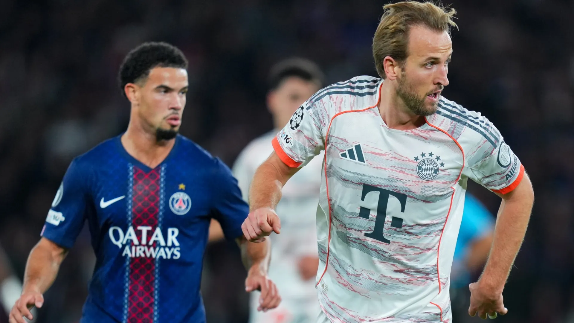Harry Kane of Bayern Munich controls the ball vs. PSG in the Champions League.