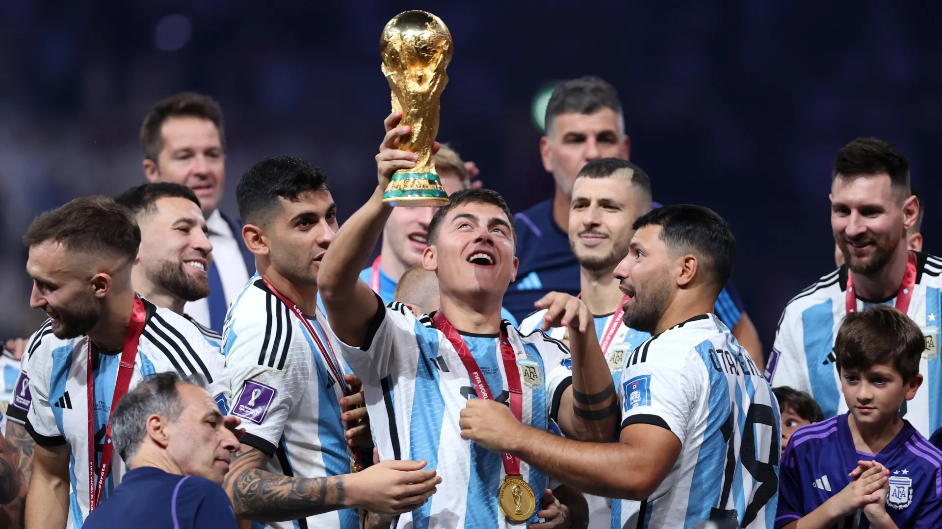 Paulo Dybala of Argentina lifts the FIFA World Cup Qatar 2022.