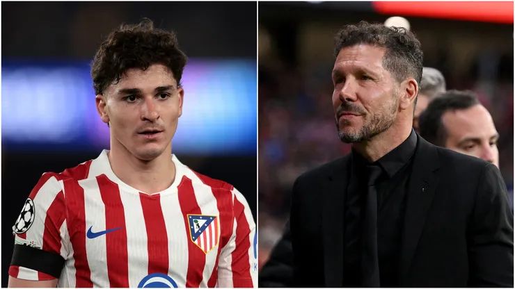 Julian Alvarez (L) and head coach Diego Simeone (R) of Atletico Madrid.