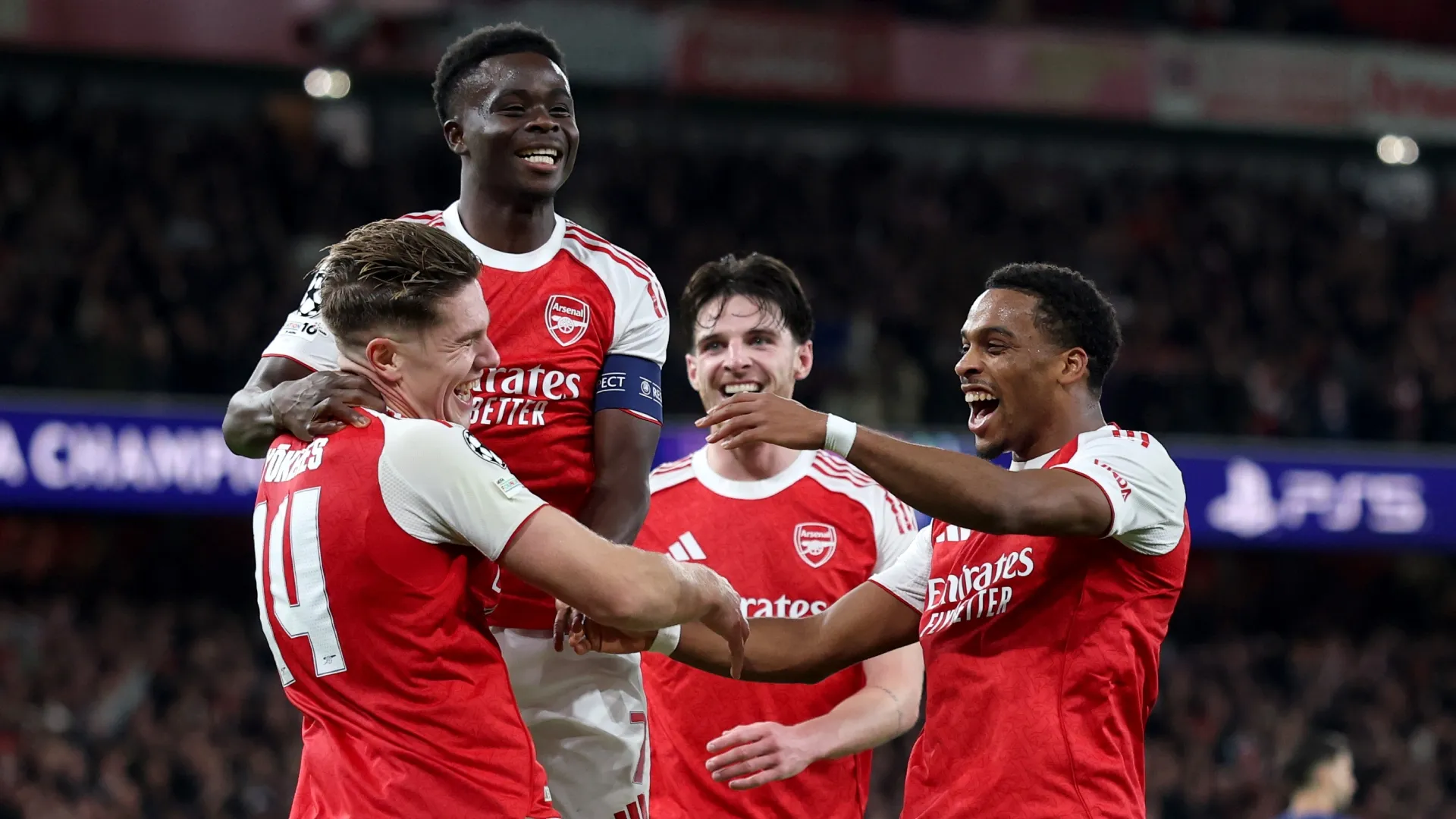 Viktor Gyoekeres of Arsenal celebrates with his teammates after scoring against Atletico Madrid.