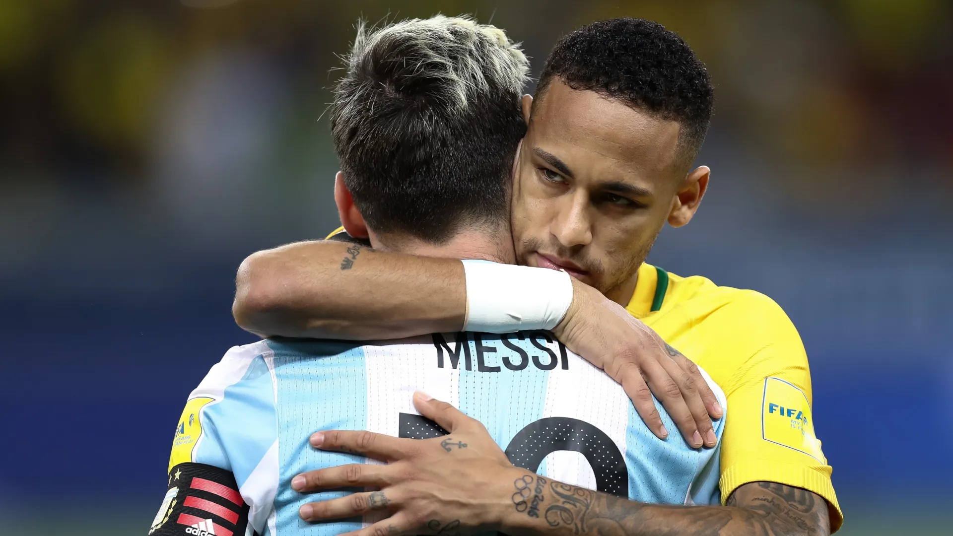 Neymar and Messi together during a World Cup qualifier between Brazil and Argentina in 2016.
