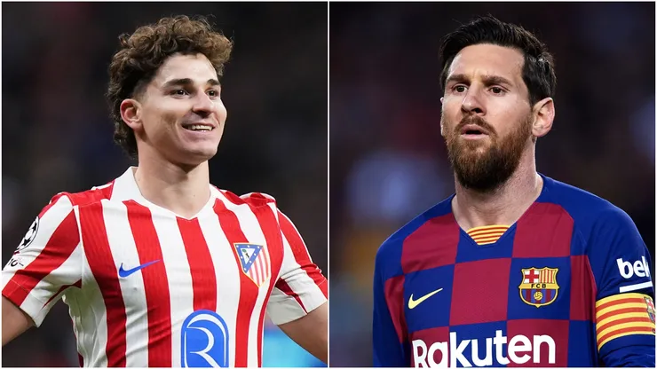 Julian Alvarez of Atletico de Madrid and Lionel Messi of FC Barcelona.