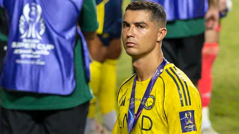 Cristiano Ronaldo of Al-Nassr reacts during prize presentation the Saudi Super Cup final