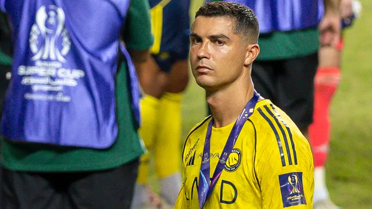 Cristiano Ronaldo of Al-Nassr reacts during prize presentation the Saudi Super Cup final