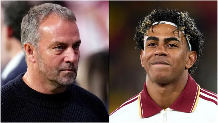 Barcelona coach Hansi Flick and Spain winger Lamine Yamal.