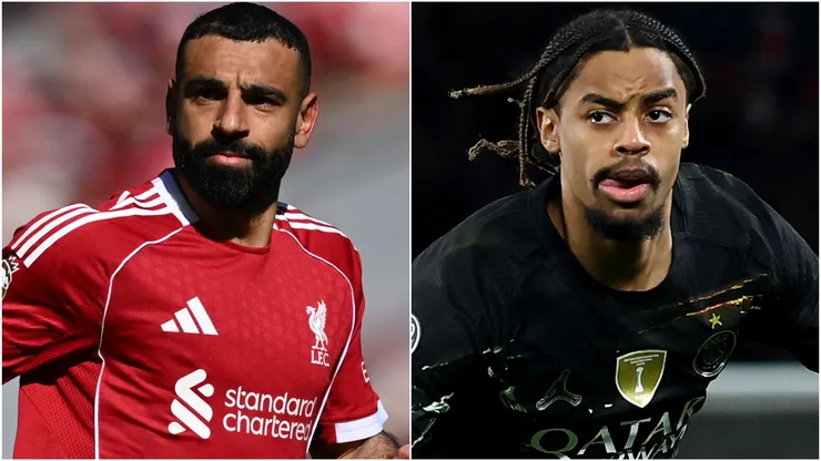 Mohamed Salah of Liverpool and Bradley Barcola of Paris Saint-Germain