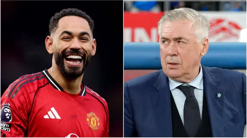 Matheus Cunha (L) of Manchester United and Head coach Carlo Ancelotti (R) of Brazil.