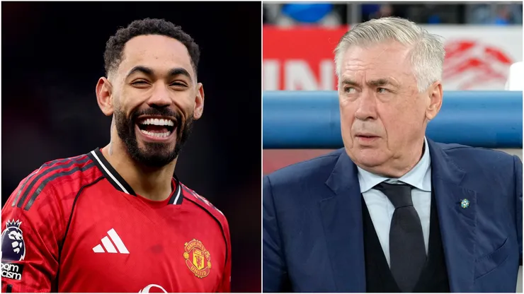 Matheus Cunha (L) of Manchester United and Head coach Carlo Ancelotti (R) of Brazil.