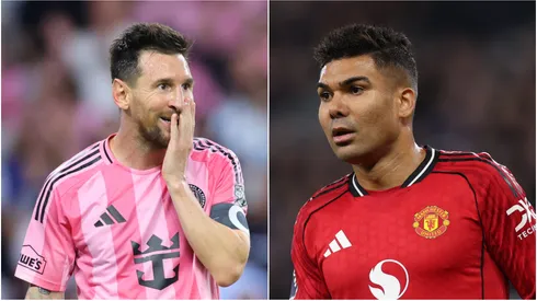 Lionel Messi #10 of Inter Miami CF and Casemiro of Manchester United.