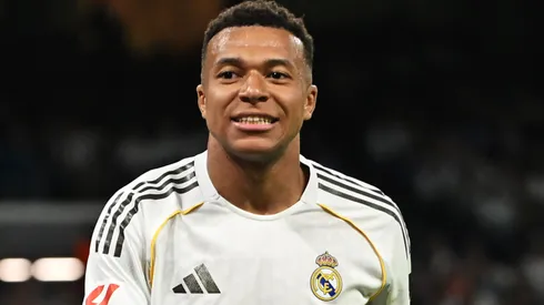 Kylian Mbappe of Real Madrid reacts during the LaLiga EA Sports match.