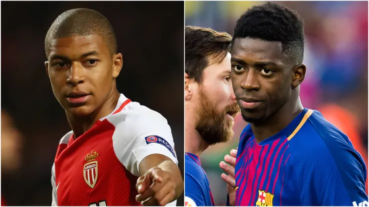 Kylian Mbappe of Monaco and Ousmane Dembele of FC Barcelona.