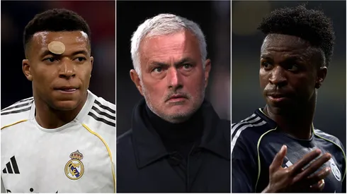 Kylian Mbappe (left), Jose Mourinho (center), and Vinicius (right)