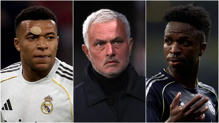 Kylian Mbappe (left), Jose Mourinho (center), and Vinicius (right)
