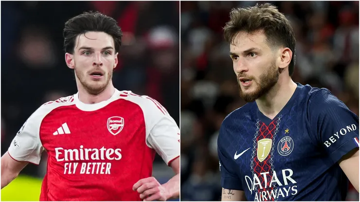 Declan Rice of Arsenal and Khvicha Kvaratskhelia of Paris Saint-Germain.