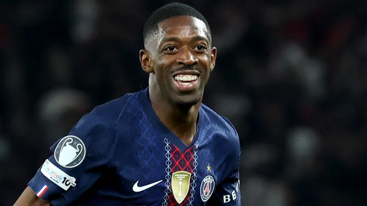 Ousmane Dembele of Paris Saint-Germain celebrates scoring a goal.