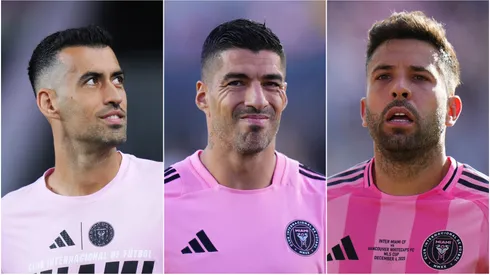 Sergio Busquets (L), Luis Suarez (M), and Jordi Alba (R) of Inter Miami.