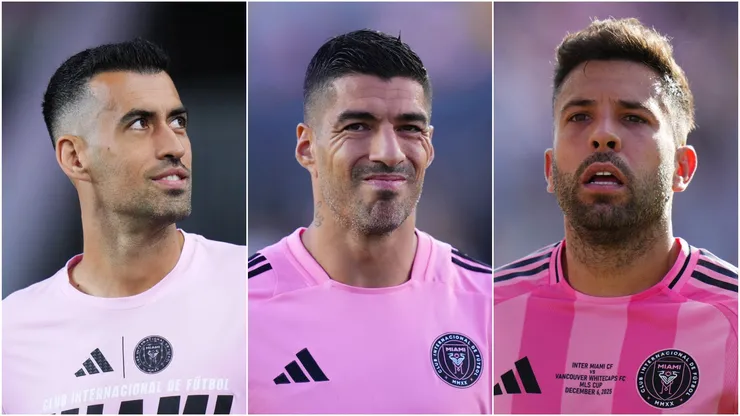 Sergio Busquets (L), Luis Suarez (M), and Jordi Alba (R) of Inter Miami.