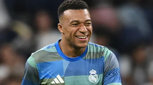Kylian Mbappe of Real Madrid reacts during the warm up prior to the LaLiga EA Sports match.