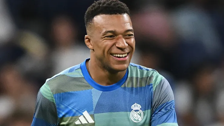 Kylian Mbappe of Real Madrid reacts during the warm up prior to the LaLiga EA Sports match.