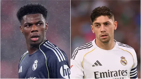 Aurelien Tchouameni (L) and Federico Valverde (R) of Real Madrid.
