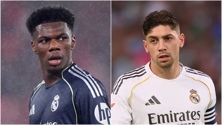 Aurelien Tchouameni (L) and Federico Valverde (R) of Real Madrid.