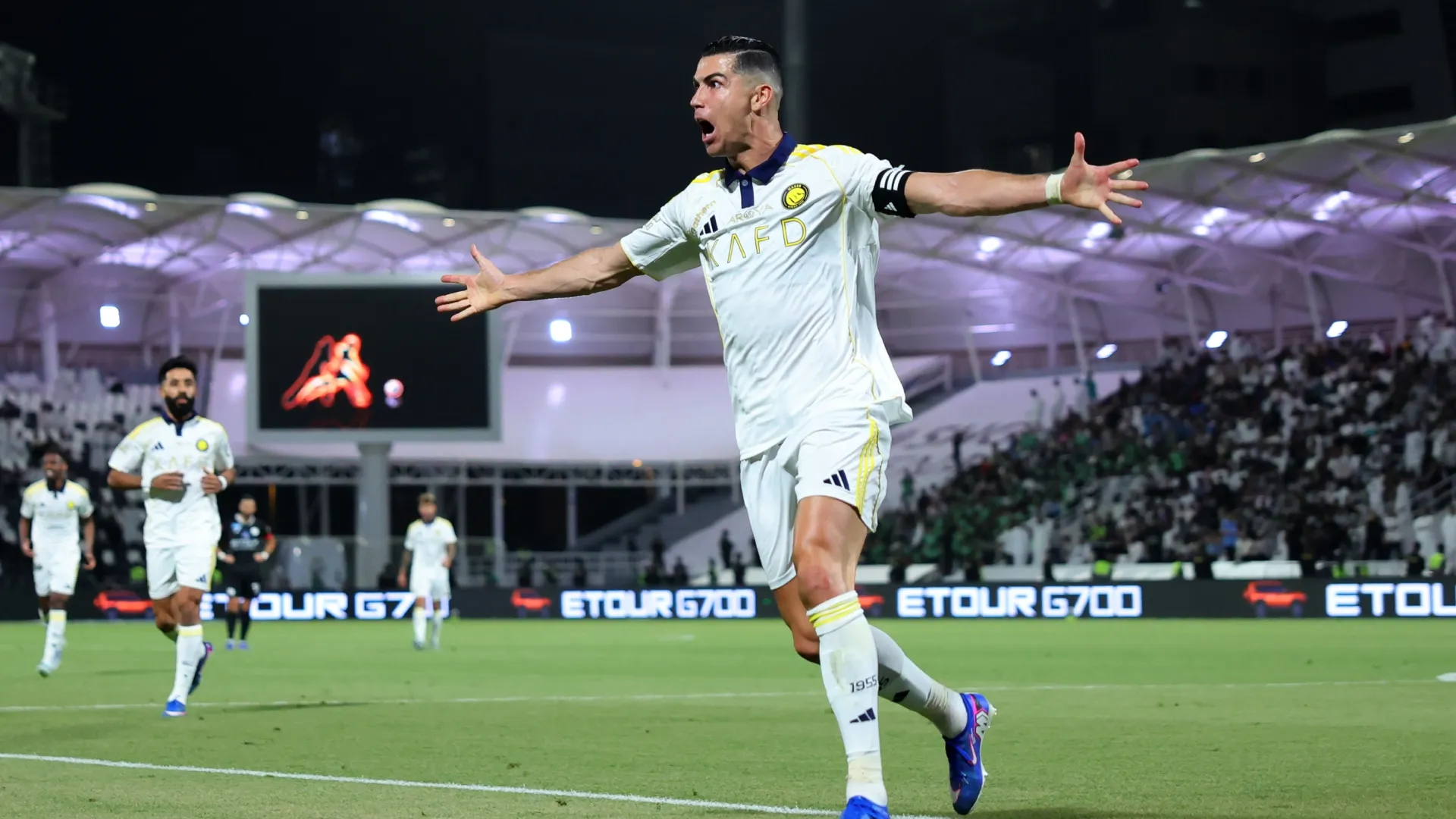 Cristiano Ronaldo of Al Nassr celebrates scoring against Al Shabab.