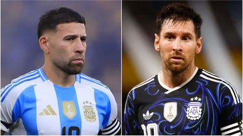 Nicolas Otamendi (L) and Lionel Messi (R) of Argentina.