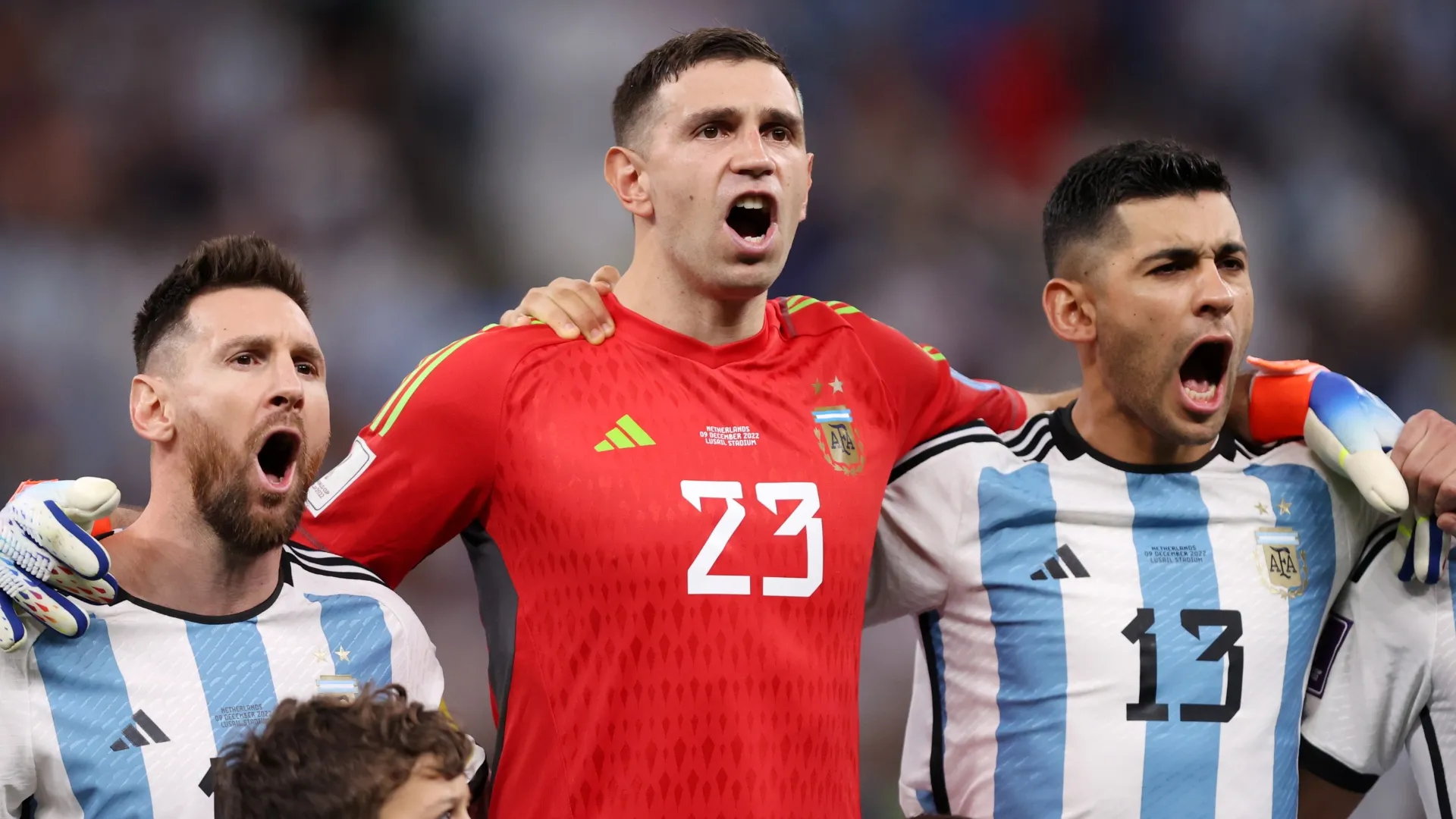 Lionel Messi, Emiliano Martinez and Cristian Romero of Argentina.