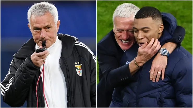 Jose Mourinho (left) and Kylian Mbappe, Didier Deschamps (right)