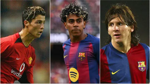 Cristiano Ronaldo (L) of Manchester United, and Lamine Yamal (M) and Lionel Messi (R) of Barcelona.