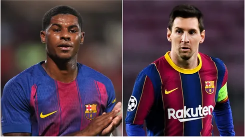 Marcus Rashford (L) and Lionel Messi (R) of FC Barcelona.