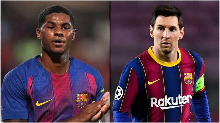 Marcus Rashford (L) and Lionel Messi (R) of FC Barcelona.