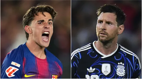 Gavi (L) of FC Barcelona and Lionel Messi (R) of Argentina.