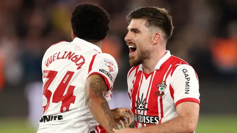Ryan Manning of Southampton celebrates victory over Middlesbrough with teammate Welington.