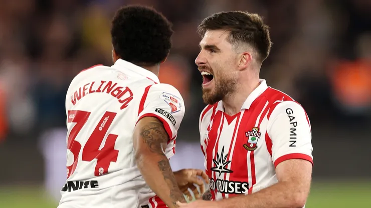 Ryan Manning of Southampton celebrates victory over Middlesbrough with teammate Welington.