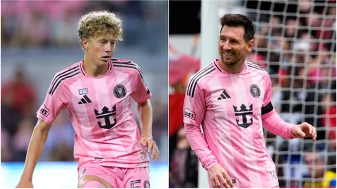 Inter Miami midfielder Preston Plambeck and forward Lionel Messi.