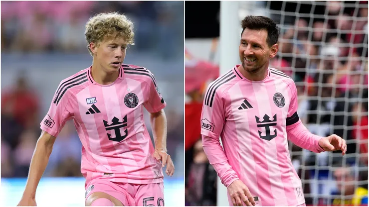 Inter Miami midfielder Preston Plambeck and forward Lionel Messi.