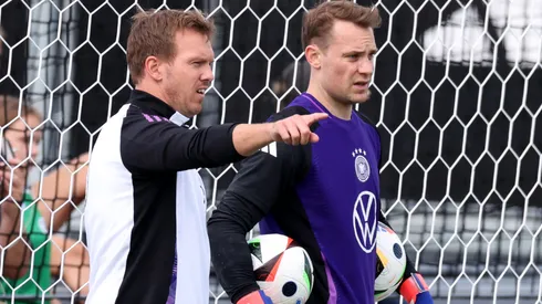 Julian Nagelsmann, Head Coach of Germany gives instructions to his keeper Manuel Neuer