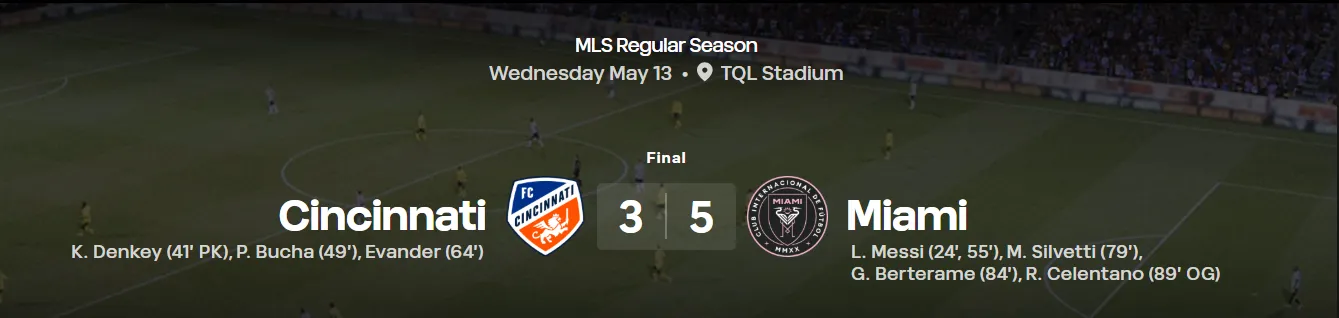 FC Cincinnati-Inter Miami score in MLS official website.