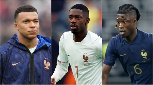 Kylian Mbappe (L), Ousmane Dembele (M), and Eduardo Camavinga (R) of France.