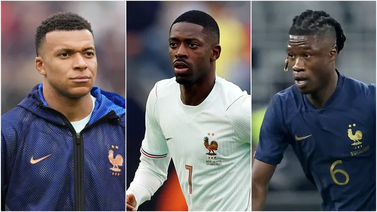 Kylian Mbappe (L), Ousmane Dembele (M), and Eduardo Camavinga (R) of France.